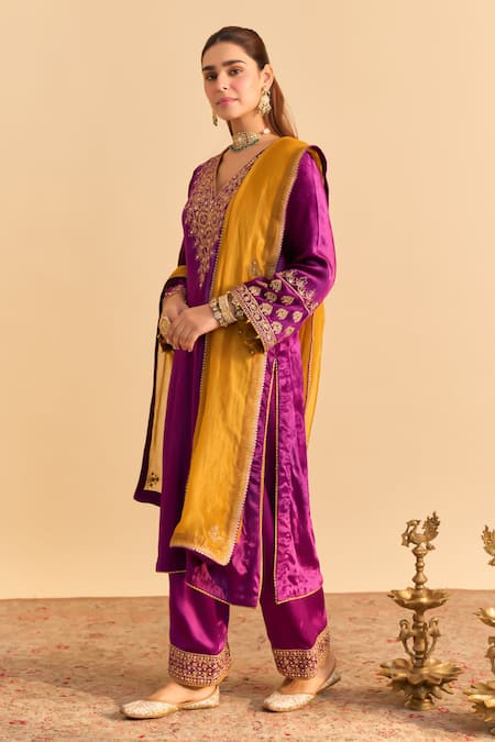 Buy_Sheetal Batra_Purple Velvet, Silk, Tissue Embroidery, Pearls, Sequins, Aynaz Kurta Salwar Set _Online_at_Aza_Fashions