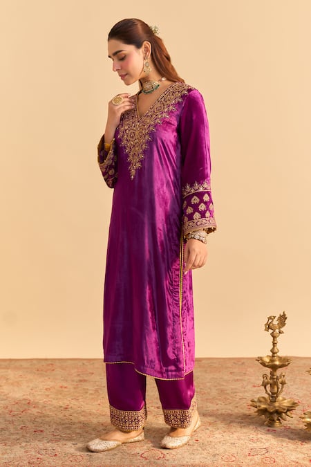 Sheetal Batra_Purple Velvet, Silk, Tissue Embroidery, Pearls, Sequins, Aynaz Kurta Salwar Set _at_Aza_Fashions