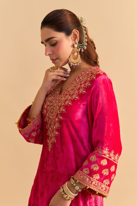 Shop_Sheetal Batra_Pink Velvet, Silk Pearls, Sequins, Gota Patti, Aynaz Kurta And Salwar Set _Online_at_Aza_Fashions