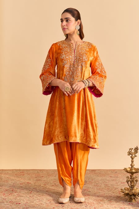 Sheetal Batra_Orange Velvet, Silk Embroidery, Pearls, Eira Choga Kurta And Dhoti Pant Set _Online_at_Aza_Fashions