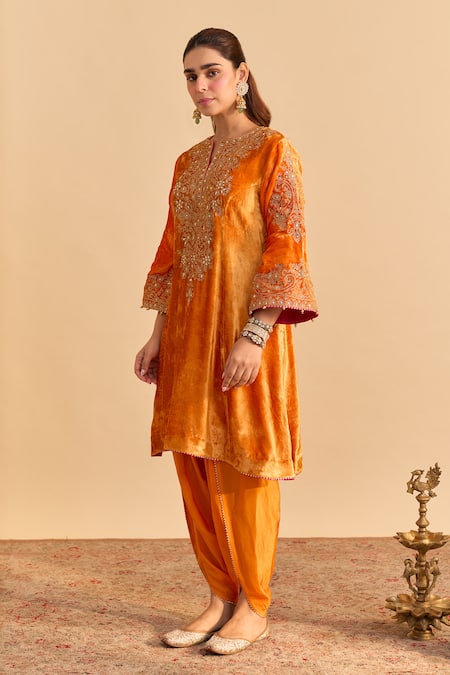 Buy_Sheetal Batra_Orange Velvet, Silk Embroidery, Pearls, Eira Choga Kurta And Dhoti Pant Set _Online_at_Aza_Fashions