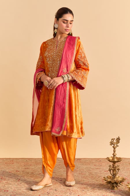 Shop_Sheetal Batra_Orange Velvet, Silk Embroidery, Pearls, Eira Choga Kurta And Dhoti Pant Set _Online_at_Aza_Fashions