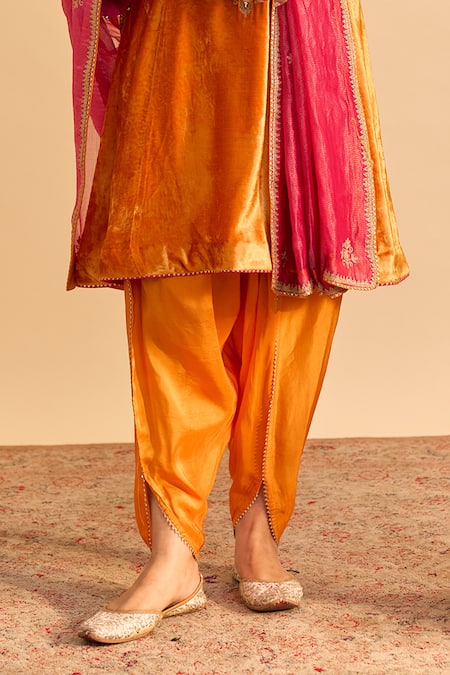 Sheetal Batra_Orange Velvet, Silk Embroidery, Pearls, Eira Choga Kurta And Dhoti Pant Set _at_Aza_Fashions