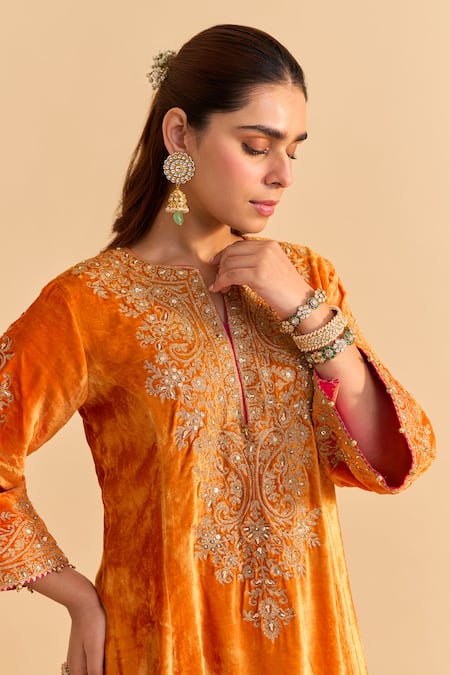 Shop_Sheetal Batra_Orange Velvet, Silk Embroidery, Pearls, Eira Choga Kurta And Dhoti Pant Set 