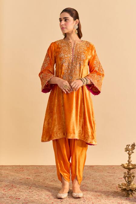 Sheetal Batra_Orange Velvet, Silk, Tissue Pearls, Sequins, Eira Choga Kurta Dhoti Pant Set _Online_at_Aza_Fashions