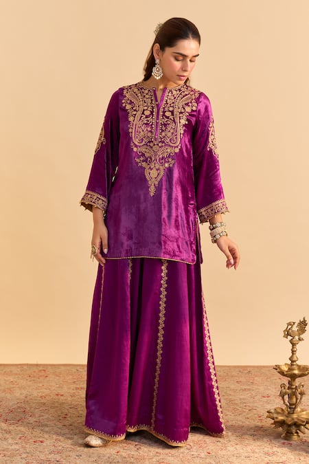 Sheetal Batra_Purple Velvet, Silk, Tissue Embroidery, Pearls, Aroob Kurta Sharara Set _Online_at_Aza_Fashions