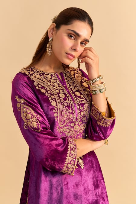 Buy_Sheetal Batra_Purple Velvet, Silk, Tissue Embroidery, Pearls, Aroob Kurta Sharara Set _Online_at_Aza_Fashions
