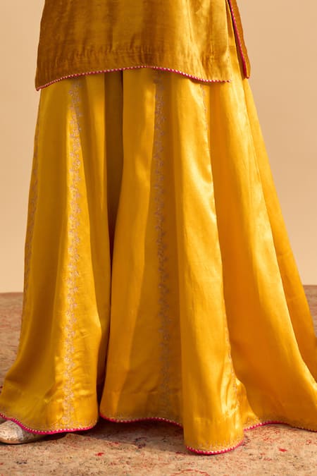 Sheetal Batra_Yellow Velvet, Silk, Tissue Pearls, Sequins, Aroob Kurta Sharara Set _Online_at_Aza_Fashions