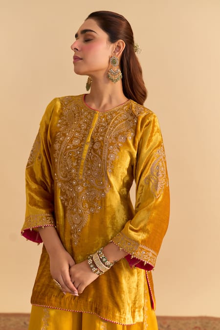 Shop_Sheetal Batra_Yellow Velvet, Silk, Tissue Pearls, Sequins, Aroob Kurta Sharara Set _Online_at_Aza_Fashions