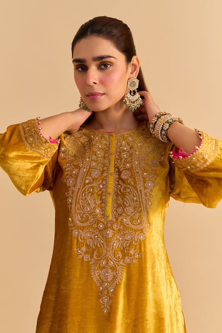 Sheetal Batra_Yellow Velvet, Silk, Tissue Pearls, Sequins, Aroob Kurta Sharara Set _at_Aza_Fashions