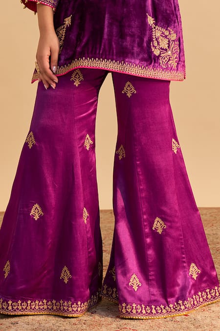 Buy_Sheetal Batra_Purple Velvet, Silk, Tissue Embroidery, Pearls, Nooren Short Kurta Palazzo Set _Online_at_Aza_Fashions