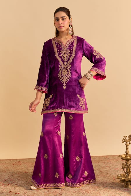 Shop_Sheetal Batra_Purple Velvet, Silk, Tissue Embroidery, Pearls, Nooren Short Kurta Palazzo Set _Online_at_Aza_Fashions