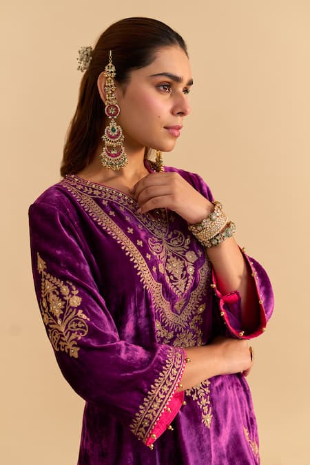 Sheetal Batra_Purple Velvet, Silk, Tissue Embroidery, Pearls, Nooren Short Kurta Palazzo Set _at_Aza_Fashions