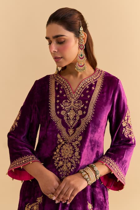 Buy_Sheetal Batra_Purple Velvet, Silk, Tissue Embroidery, Pearls, Nooren Short Kurta Palazzo Set 