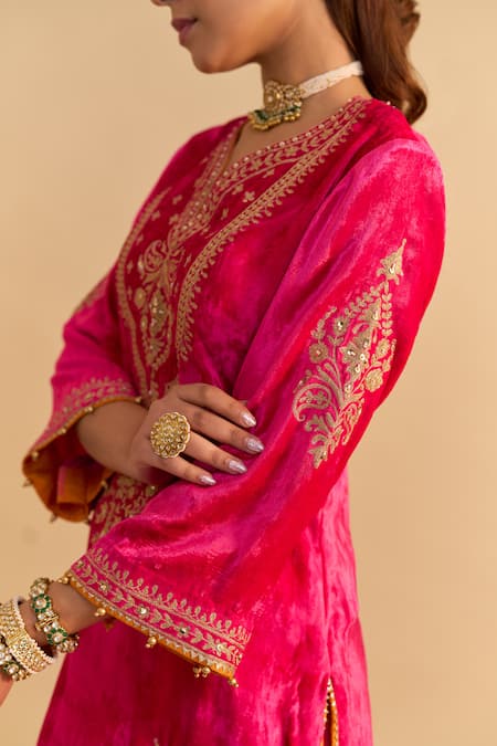Buy_Sheetal Batra_Pink Velvet, Silk, Tissue Pearls, Sequins, Gota Patti, Nooren Kurta Palazzo Set _Online_at_Aza_Fashions