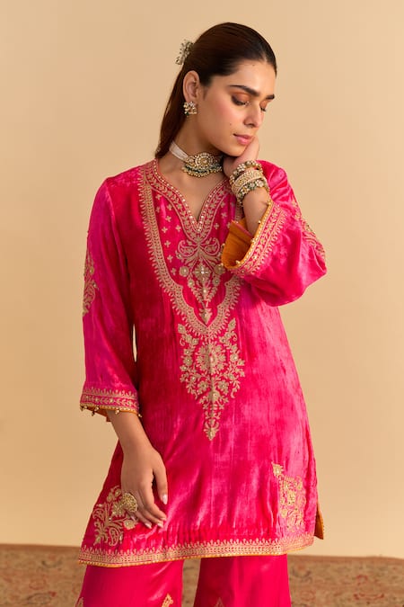 Shop_Sheetal Batra_Pink Velvet, Silk, Tissue Pearls, Sequins, Gota Patti, Nooren Kurta Palazzo Set _Online_at_Aza_Fashions