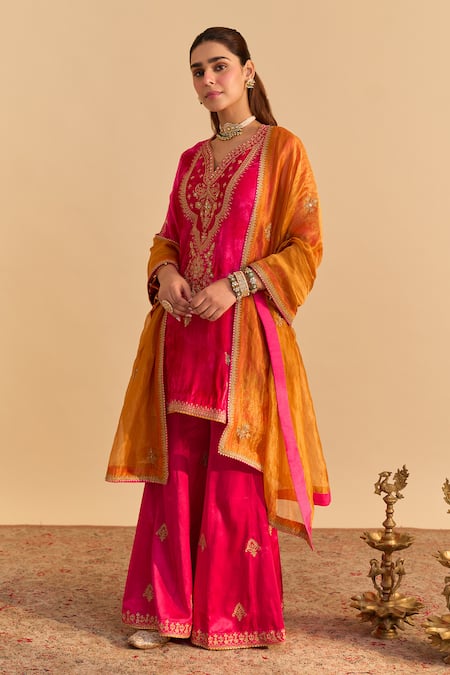 Sheetal Batra_Pink Velvet, Silk, Tissue Pearls, Sequins, Gota Patti, Nooren Kurta Palazzo Set _at_Aza_Fashions