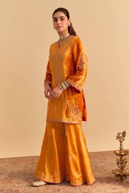 Sheetal Batra_Orange Velvet, Silk, Tissue Embroidery, Pearls, Nooren Kurta Palazzo Set _Online_at_Aza_Fashions