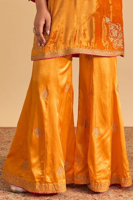 Buy_Sheetal Batra_Orange Velvet, Silk, Tissue Embroidery, Pearls, Nooren Kurta Palazzo Set _Online_at_Aza_Fashions