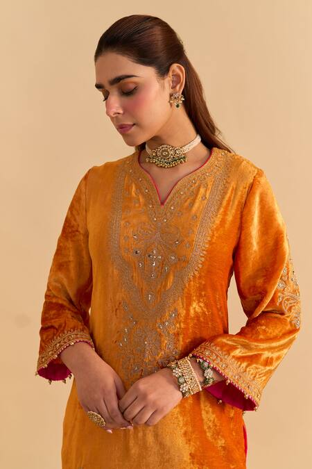 Shop_Sheetal Batra_Orange Velvet, Silk, Tissue Embroidery, Pearls, Nooren Kurta Palazzo Set _Online_at_Aza_Fashions
