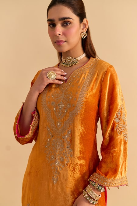 Sheetal Batra_Orange Velvet, Silk, Tissue Embroidery, Pearls, Nooren Kurta Palazzo Set _at_Aza_Fashions