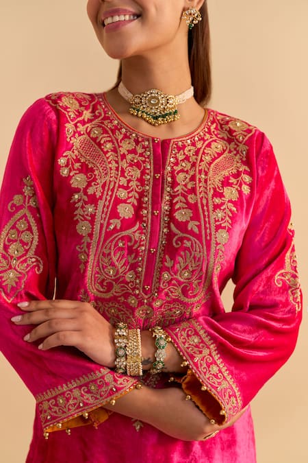 Sheetal Batra_Pink Velvet, Silk, Organza Embroidery, Metallic Thread, Aroob Kurta Sharara Set _at_Aza_Fashions