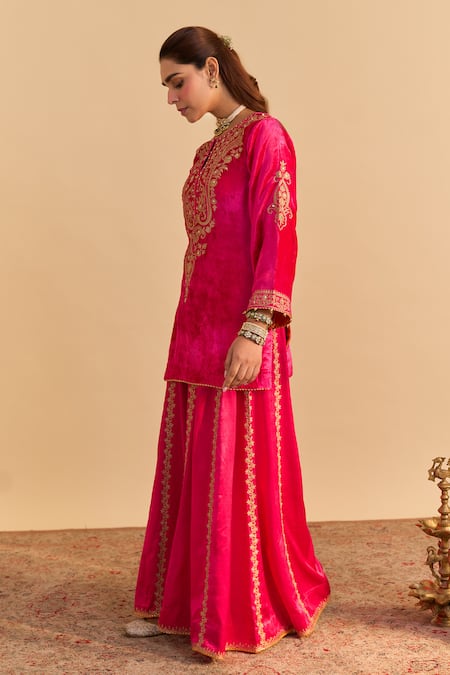 Buy_Sheetal Batra_Pink Velvet, Silk, Organza Embroidery, Metallic Thread, Aroob Kurta Sharara Set 
