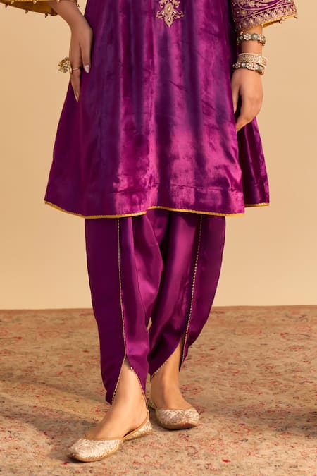 Sheetal Batra_Purple Velvet, Silk Embroidery, Pearls, Eira Choga Kurta With Dhoti Pant _Online_at_Aza_Fashions