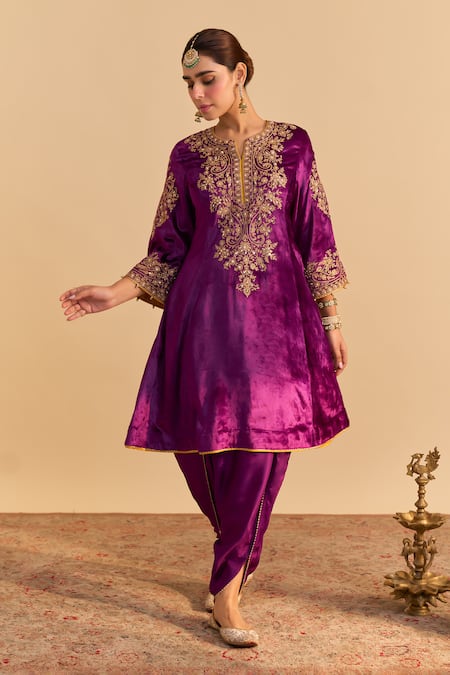 Shop_Sheetal Batra_Purple Velvet, Silk Embroidery, Pearls, Eira Choga Kurta With Dhoti Pant _Online_at_Aza_Fashions