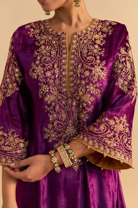 Sheetal Batra_Purple Velvet, Silk Embroidery, Pearls, Eira Choga Kurta With Dhoti Pant _at_Aza_Fashions