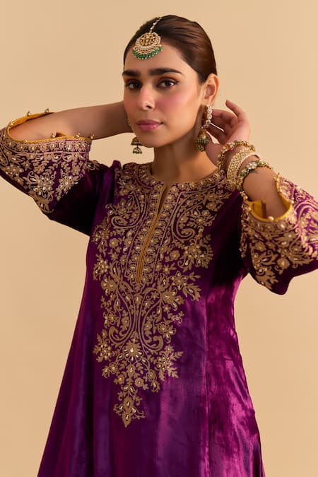 Buy_Sheetal Batra_Purple Velvet, Silk Embroidery, Pearls, Eira Choga Kurta With Dhoti Pant 