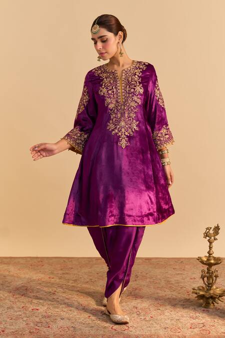 Sheetal Batra_Purple Velvet, Silk, Tissue Pearls, Eira Choga Kurta Tulip Dhoti Pant Set _at_Aza_Fashions