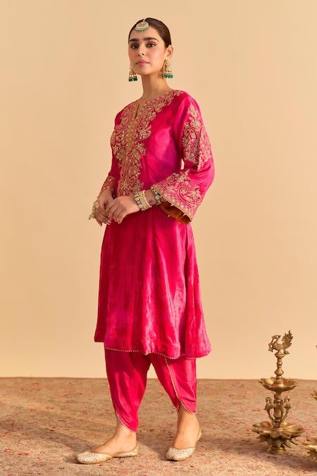 Buy_Sheetal Batra_Pink Velvet, Silk Embroidery, Sequins, Eira Choga Kurta With Tulip Dhoti Pant _Online_at_Aza_Fashions