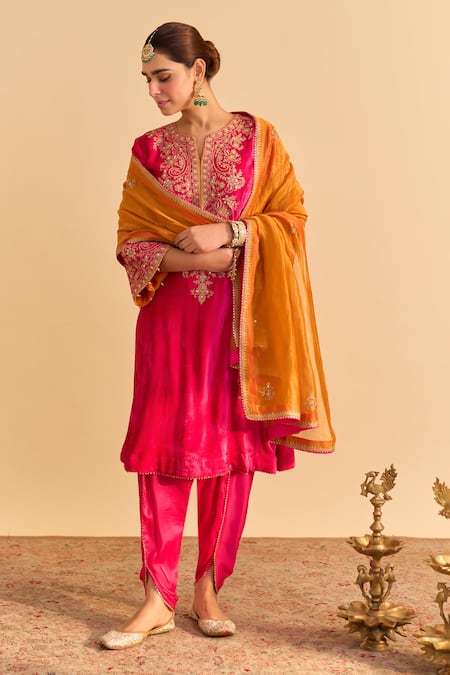 Shop_Sheetal Batra_Pink Velvet, Silk Embroidery, Sequins, Eira Choga Kurta With Tulip Dhoti Pant _Online_at_Aza_Fashions