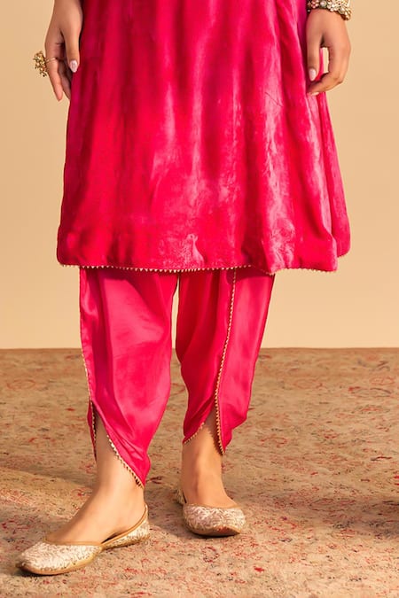 Buy_Sheetal Batra_Pink Velvet, Silk, Tissue Embroidery, Eira Choga Kurta Tulip Dhoti Pant Set _Online_at_Aza_Fashions