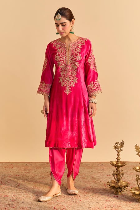 Sheetal Batra_Pink Velvet, Silk, Tissue Embroidery, Eira Choga Kurta Tulip Dhoti Pant Set _at_Aza_Fashions