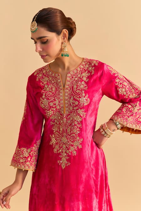 Buy_Sheetal Batra_Pink Velvet, Silk, Tissue Embroidery, Eira Choga Kurta Tulip Dhoti Pant Set 