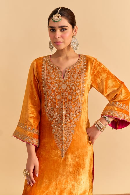 Buy_Sheetal Batra_Orange Velvet, Silk Embroidery, Pearls, Gota Patti Fareeha Kurta With Salwar _Online_at_Aza_Fashions