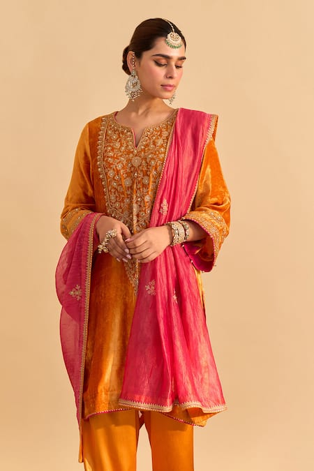 Sheetal Batra_Orange Velvet, Silk, Tissue Embroidery, Pearls, Gota Fareeha Kurta Salwar Set _Online_at_Aza_Fashions