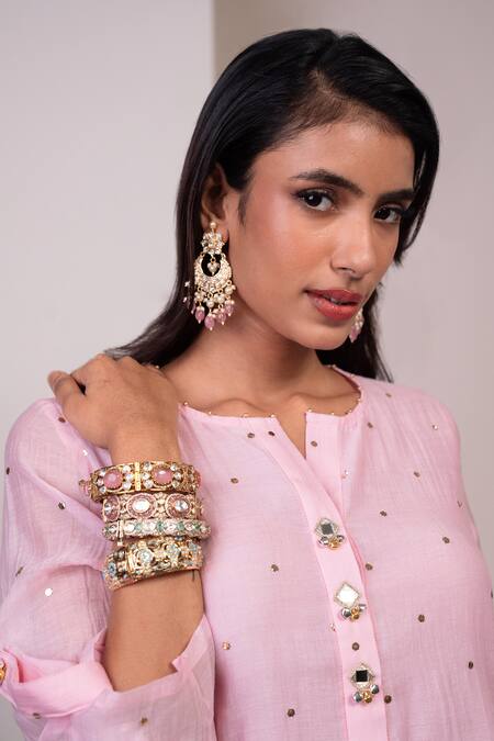 Shop_Style Junkiie_Pink Viscose Mirrors, Tassels, Embroidery Round Neck, Petal Chikankari Tunic _Online_at_Aza_Fashions