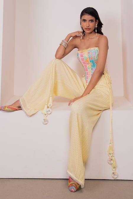 Style Junkiie_Multi Color Lace, Tassels Bandeau Neck Thread Embroidered Corset _Online_at_Aza_Fashions