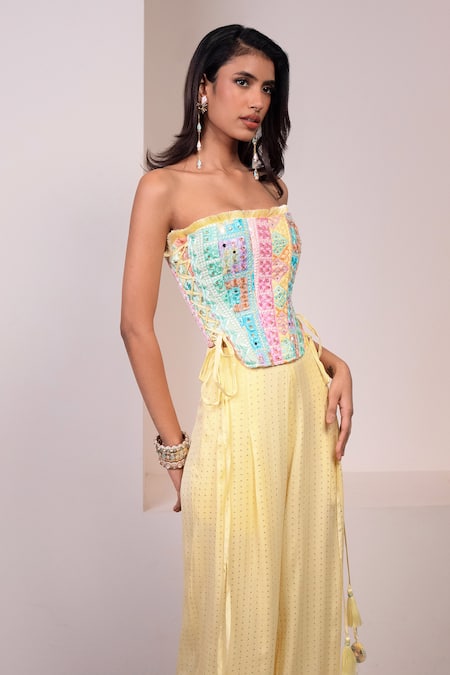 Buy_Style Junkiie_Multi Color Lace, Tassels Bandeau Neck Thread Embroidered Corset _Online_at_Aza_Fashions