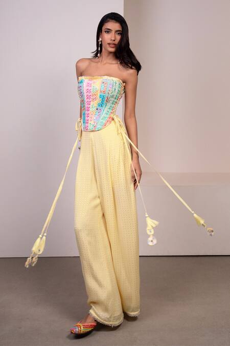 Shop_Style Junkiie_Multi Color Lace, Tassels Bandeau Neck Thread Embroidered Corset _Online_at_Aza_Fashions