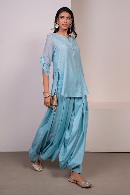 Buy_Style Junkiie_Blue Chanderi, Muslin Sequins, Beads, Tassels Embroidered Kurta And Salwar Set _Online_at_Aza_Fashions