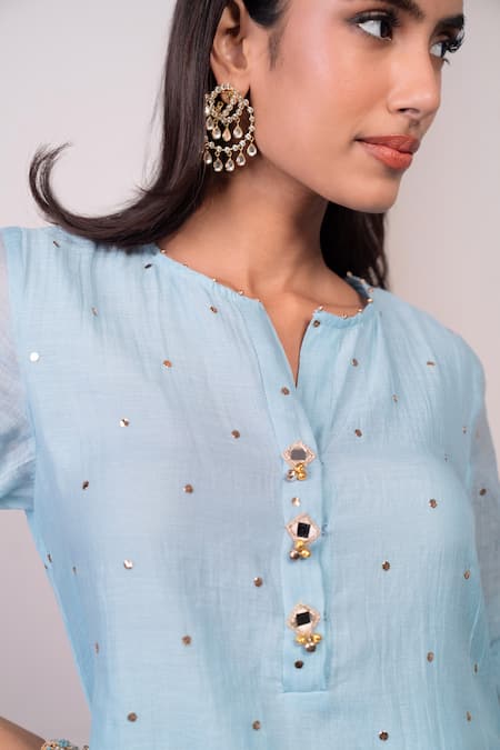 Shop_Style Junkiie_Blue Chanderi, Muslin Sequins, Beads, Tassels Embroidered Kurta And Salwar Set _Online_at_Aza_Fashions