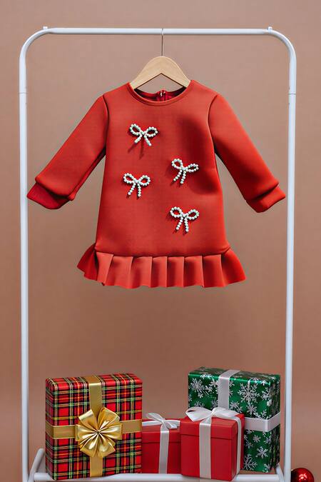 Toplove Red Neoprene Pearls, Bows Mini Pleated Dress Online at Aza Fashions Toplove_Red Neoprene Pearls, Bows Mini Pleated Dress _Online_at_Aza_Fashions
