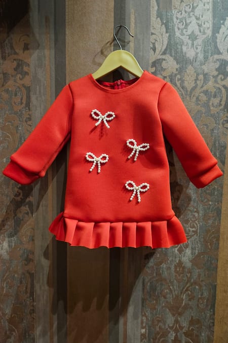 Buy Toplove Red Neoprene Pearls, Bows Mini Pleated Dress Online at Aza Fashions Buy_Toplove_Red Neoprene Pearls, Bows Mini Pleated Dress _Online_at_Aza_Fashions
