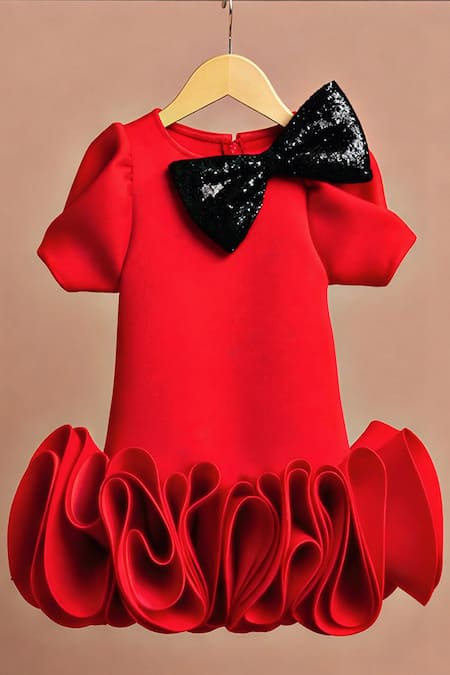 Toplove_Red Neoprene Sequins, Bows Ruffle Dress _Online_at_Aza_Fashions