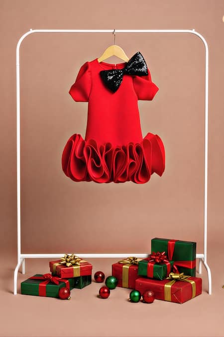 Buy_Toplove_Red Neoprene Sequins, Bows Ruffle Dress _Online_at_Aza_Fashions