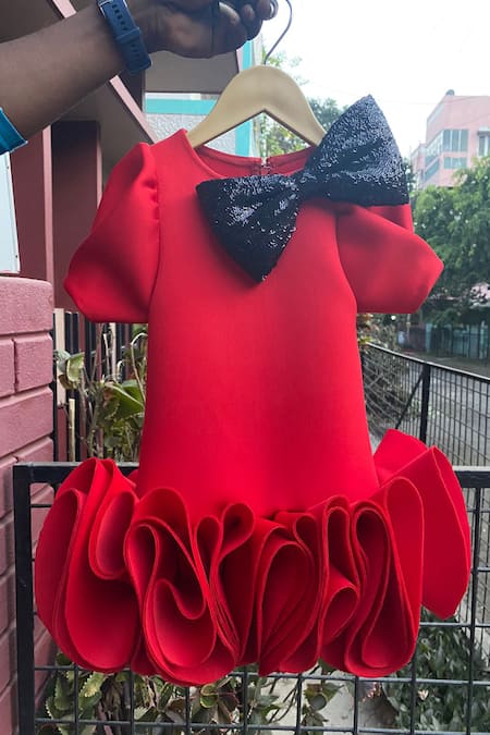Shop_Toplove_Red Neoprene Sequins, Bows Ruffle Dress _Online_at_Aza_Fashions